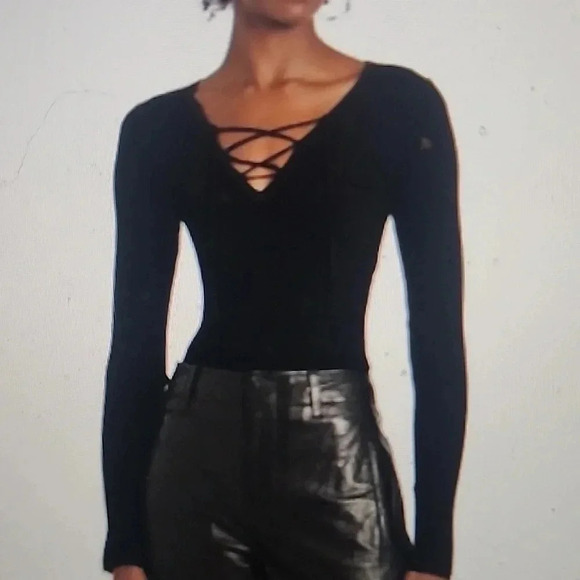 RAG & BONE BLACK CARRIE LACE-UP RIBBED- KNIT TOP SIZE XS - Picture 3 of 4